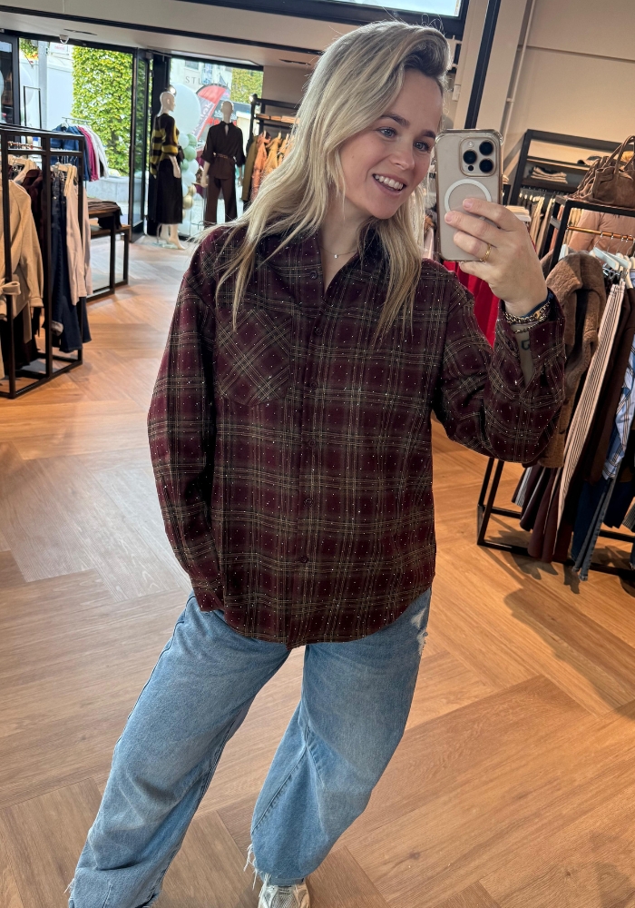 Ruit blouse met strass bordeaux