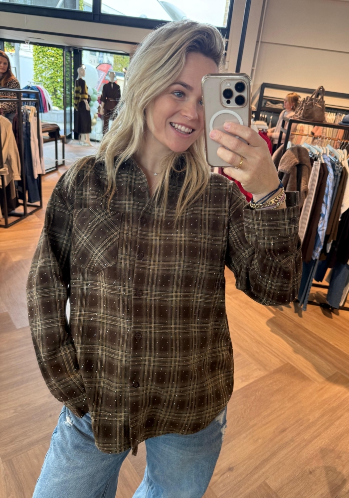 Ruit blouse met strass bruin