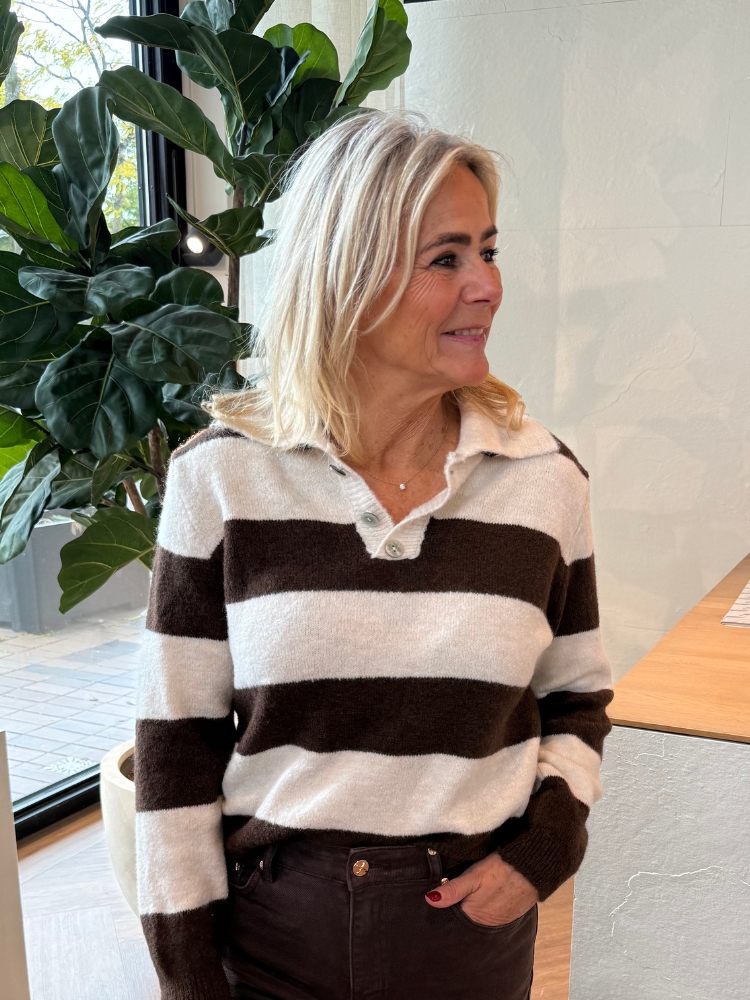 Polo streep trui Bruin/Off white