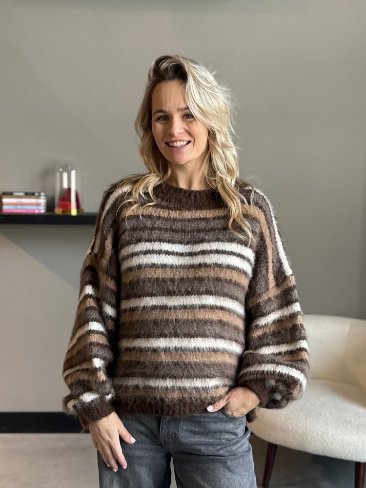 streep trui ronde hals bruin