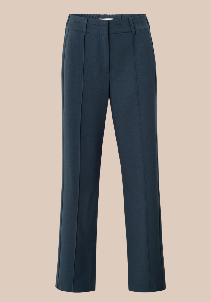 YAYA 01-301227-510 Broek met sierplooien, wijde pijpen en split navy