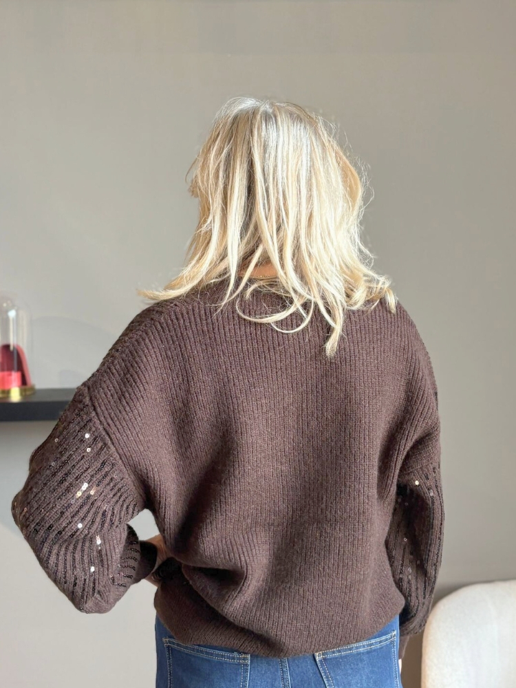 Sequin trui vhals bruin