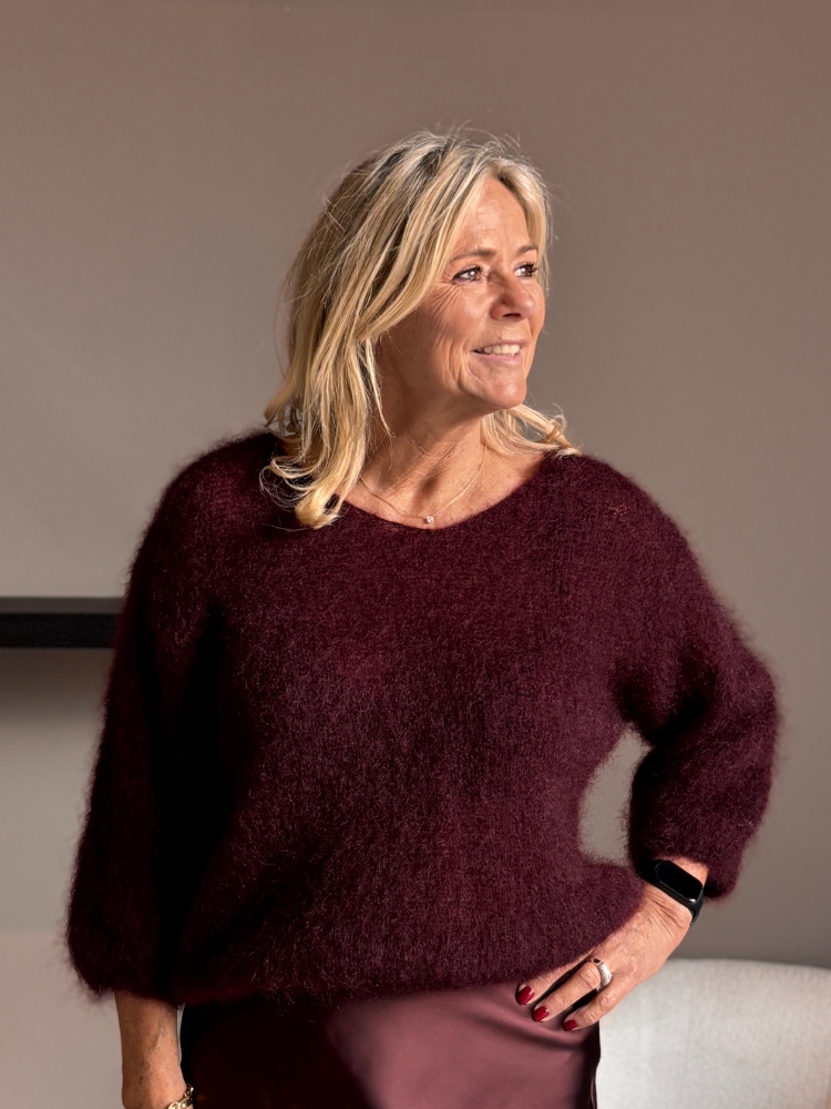 Mohair trui v hals bordeaux