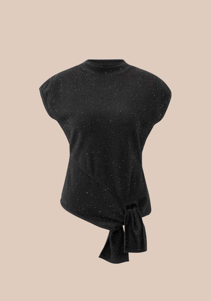 yaya 01-000534-511 Mouwloze trui met knoopdetail en subtiele pailletten zwart