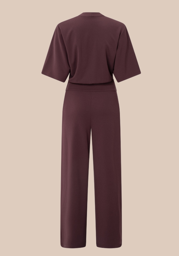 yaya 01-349023-511 Jersey jumpsuit met korte mouwen en strikceintuur paars - Afbeelding 2