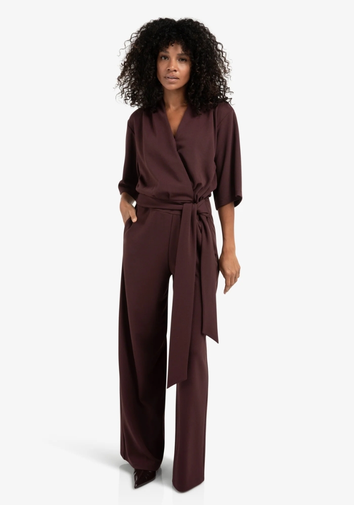 yaya 01-349023-511 Jersey jumpsuit met korte mouwen en strikceintuur paars - Afbeelding 4