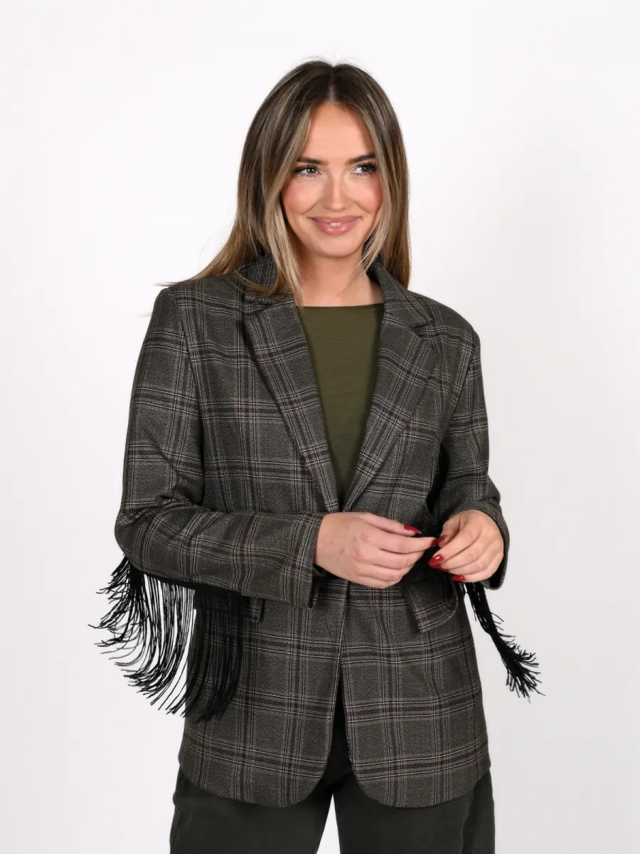Frenkie Frenkie blazer ruit met fringe bruin