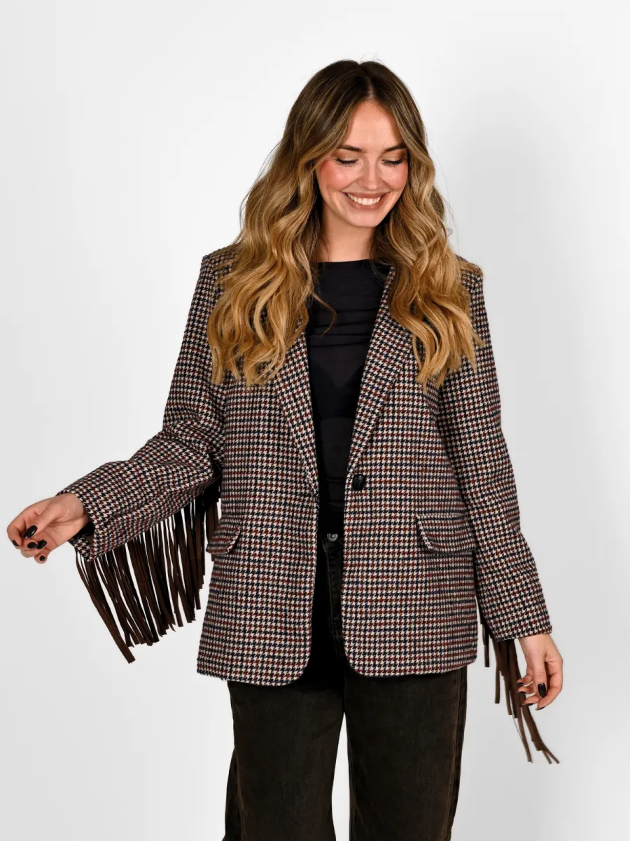 Frenkie Frenkie Pied de Poule Blazer met Franjes Blauw